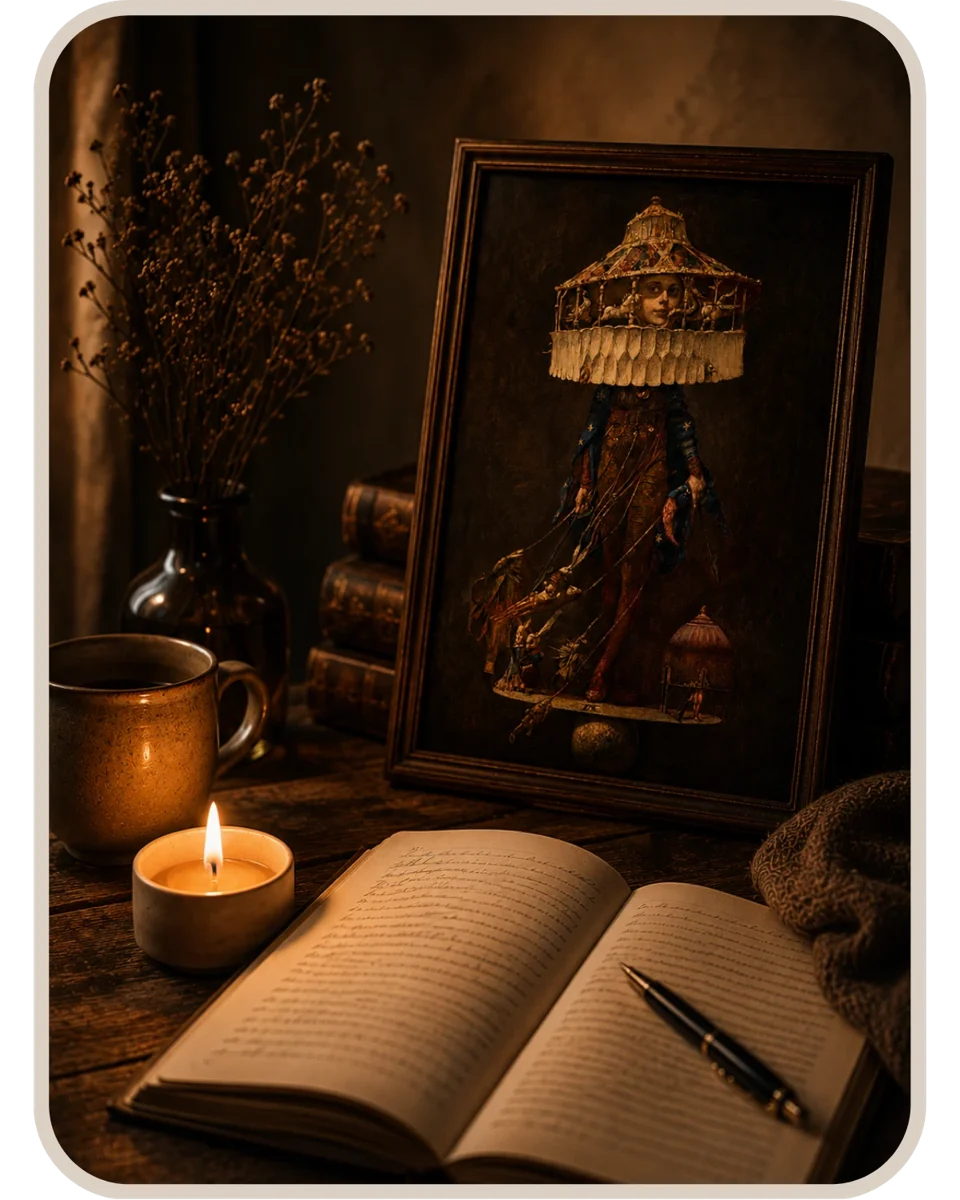 Karussellmotiv, Kerze und aufgeschlagenes Notizbuch in warmem Licht