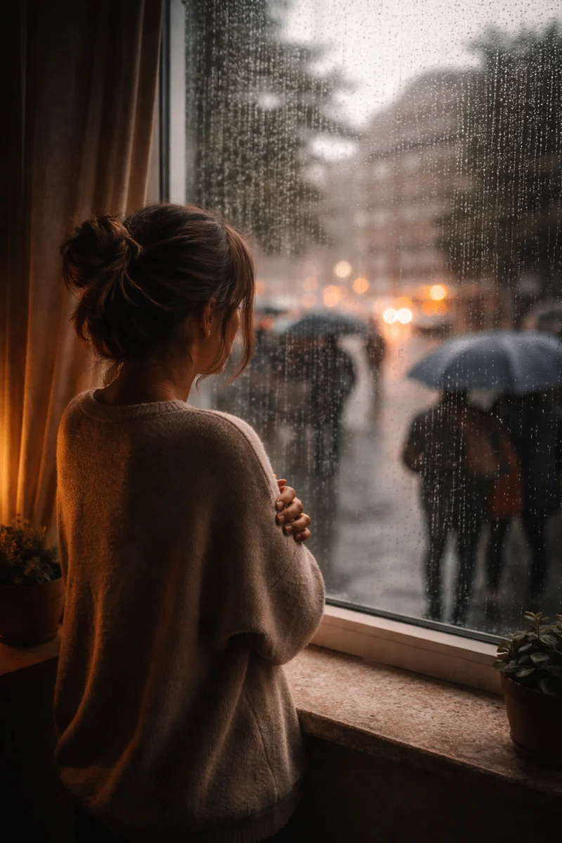 Frau steht in einem ruhigen Innenraum am Fenster und blickt auf eine regnerische, laute Straße – Symbol für den Unterschied zwischen innerem Erleben und äußerer Reizüberflutung bei Misophonie
