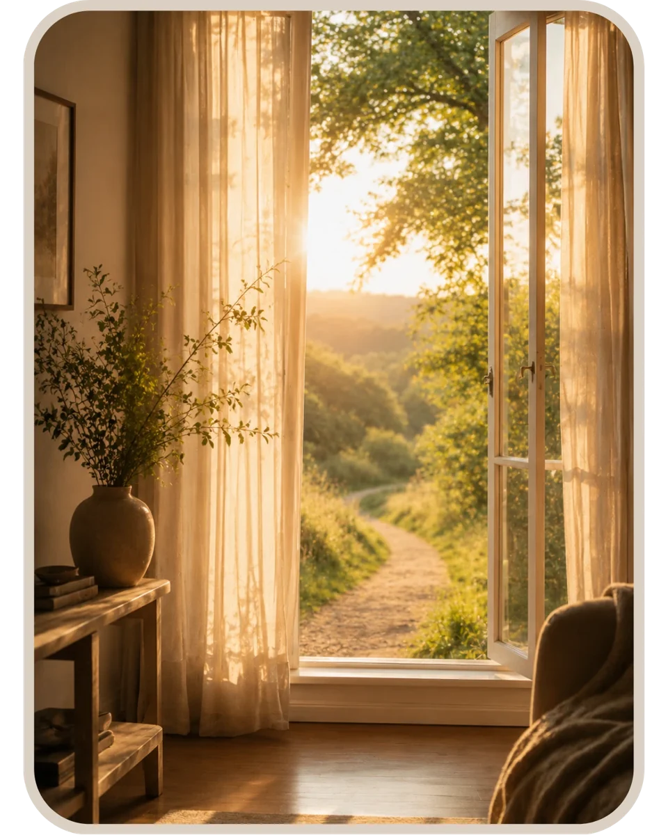 Geöffnetes Fenster mit Blick auf einen Weg