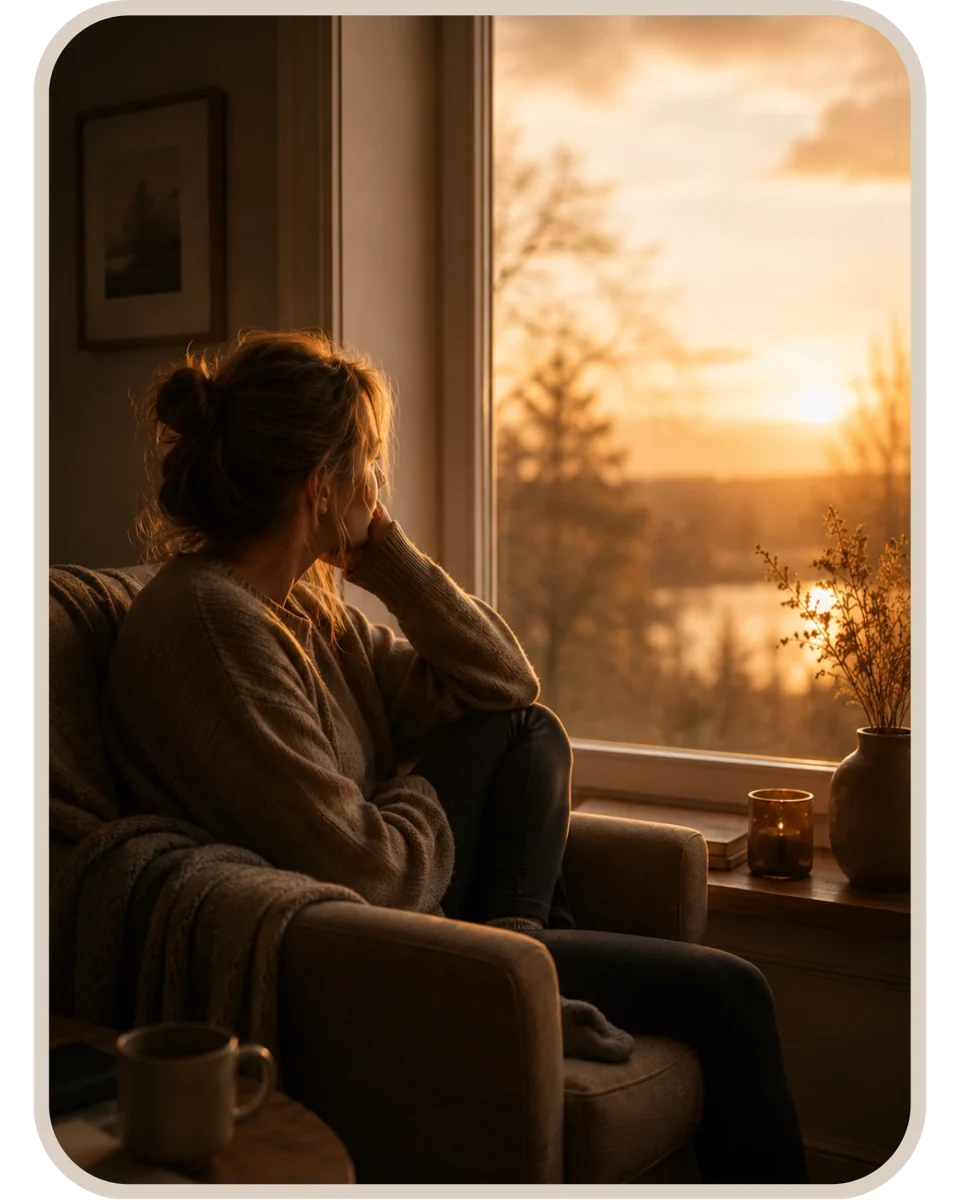 Frau am Fenster im Abendlicht